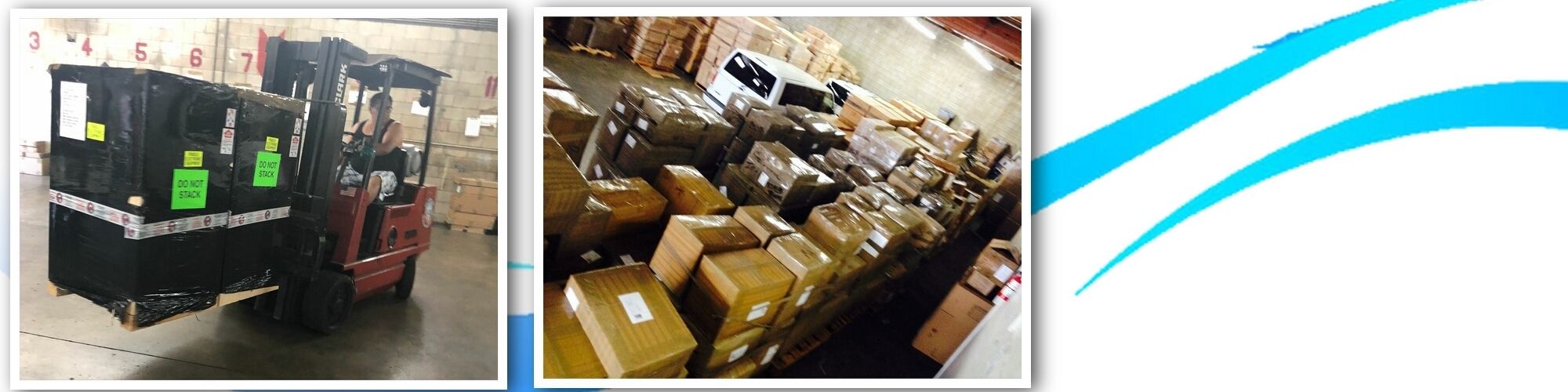 Montacargas en operación junto a paquetes apilados para servicios de gestión de inventario y transporte.