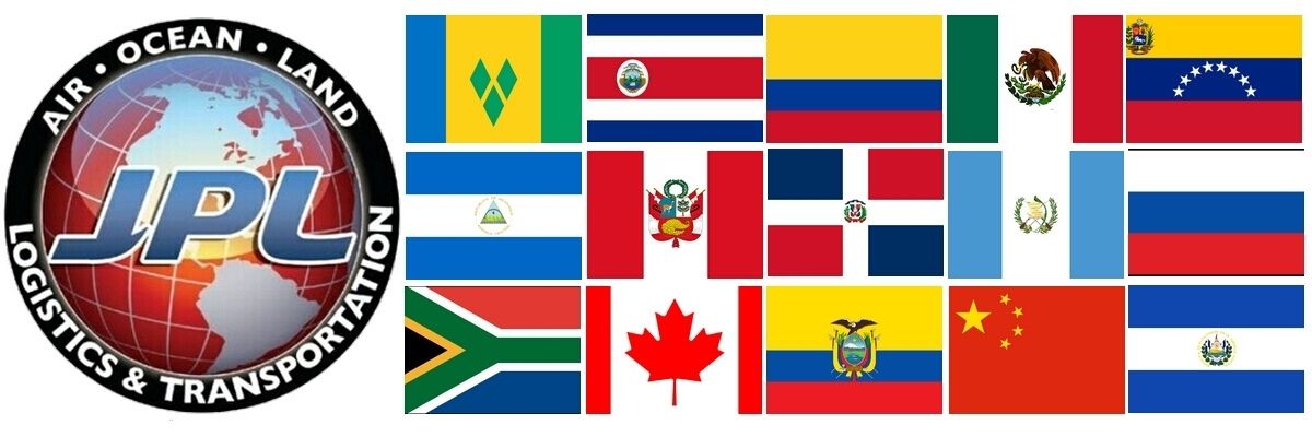 Isotipo de JPL Logistics Air Ocean Land Transportation con banderas de países de América y el mundo.