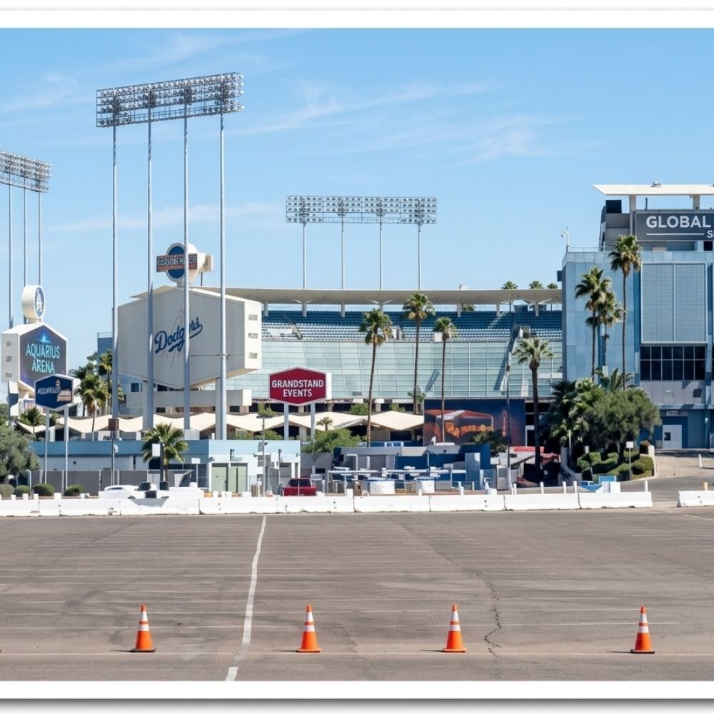 Explanada y fachada del estadio deportivo preparado para operaciones de montaje, transporte y logística de eventos masivos.