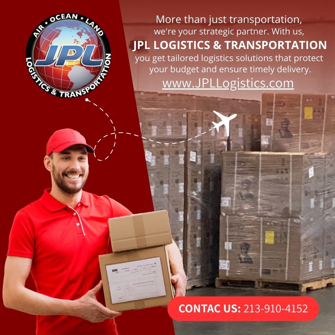 JPL Logistics promotional flyer featuring a delivery worker holding package boxes in front of stacked warehouse pallets.